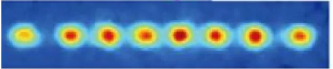 Figure 8.3: Eight Calcium ions in a ‘W state’. (From Scientific American, Mach 2006).