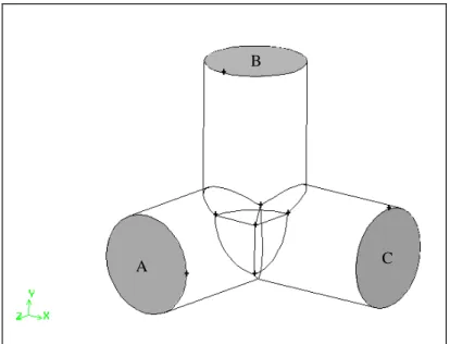 Figure 3-21: Boundary types for faces of the three-pipe intersection   b)  Define the two flow outlets