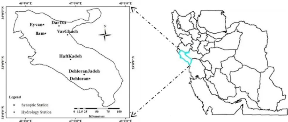 Fig. 1. Location of Ilam province in Iran showing the synoptic and hydrology stations 