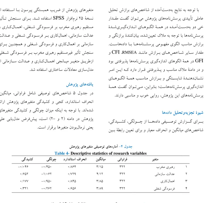 Table 4- Descriptive statistics of research variables  ریغتمیناوارف