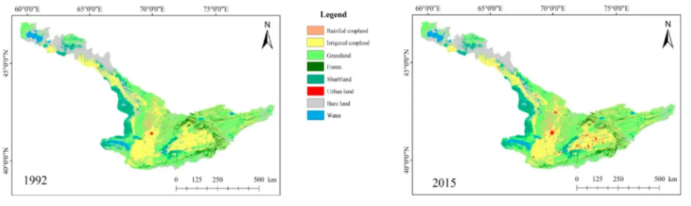 Figure 2 – LULC types in the Syr Darya River Basin in 1995 and 2015
