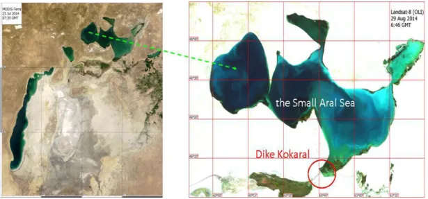 Figure 1 - Satellite image of the Aral Sea in July 2014 (left), satellite image of the Small Aral  in August 2014 (right)