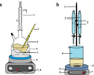 Figure 1 – The installations for synthesis: a) for dissolving of S  in DMSO; b) for obtaining of S/AgBr