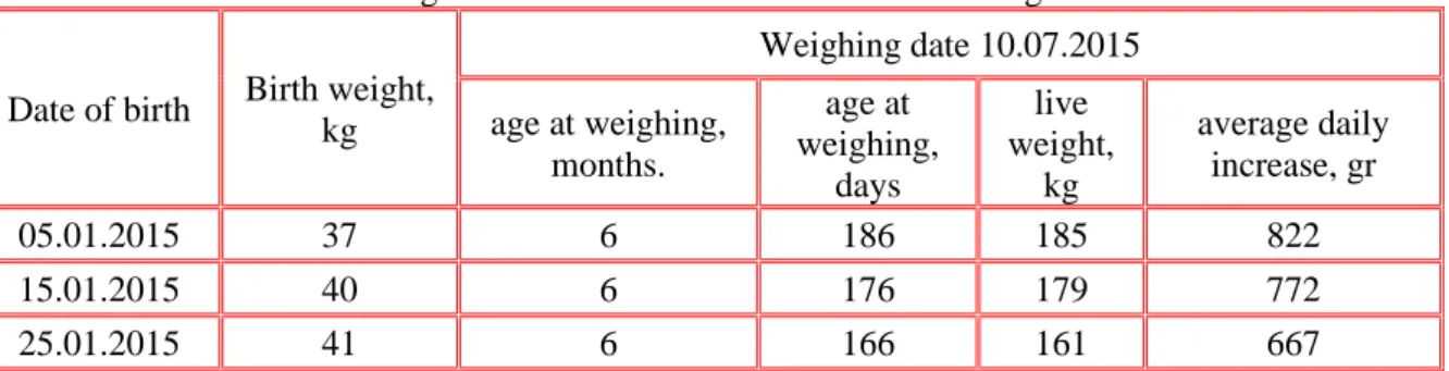 Table 1 – Indicators of live weight of heifers at birth and at 6 months of age.  