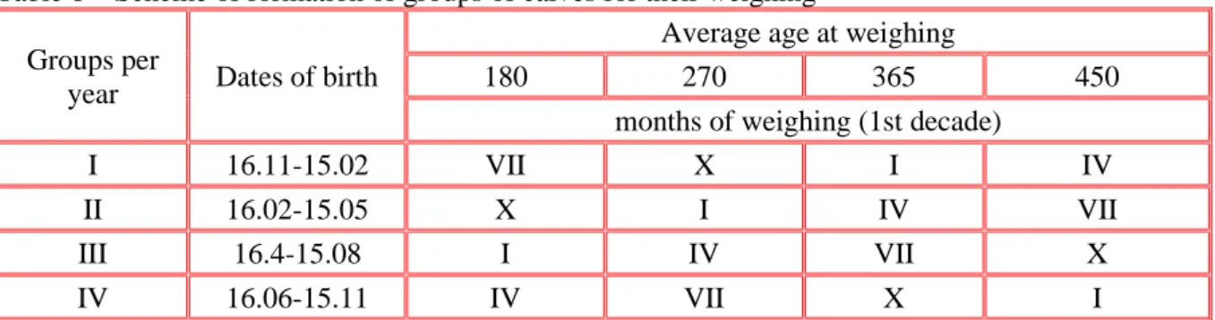 Table 6 – Scheme of formation of groups of calves for their weighing  Groups per 