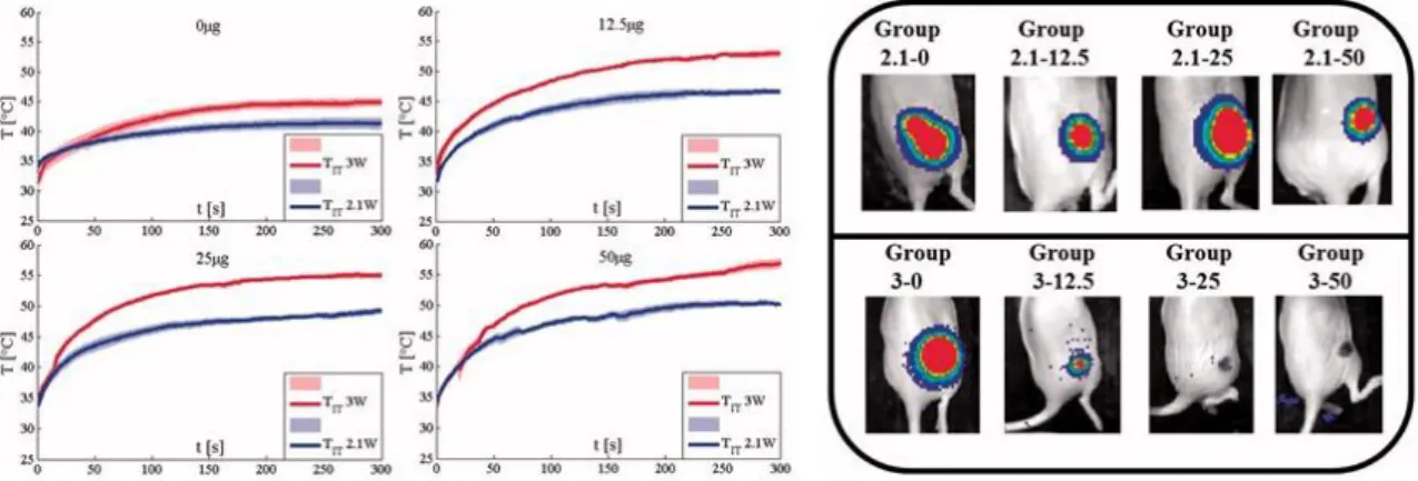 Figure 10. AuNRs-mediated LA in mice bearing  MDA-MB-231 human breast cancer.  Temperature  evolutions measured inside the tumor during ablation performed at 2.1 W and 3 W