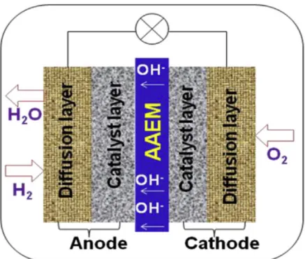 Figure 1. Schematic illustration of the working principle of AEMFCs. Reprinted with permission from [19]