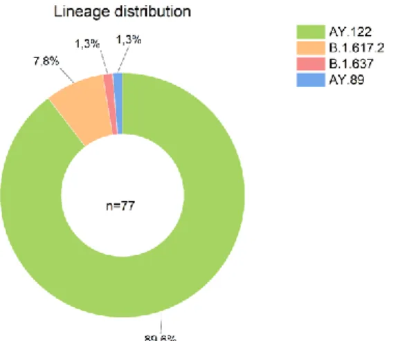 Figure 4.The proportion of clades and Pangolin lineages of n=77 sequenced SARS-CoV-2 samples