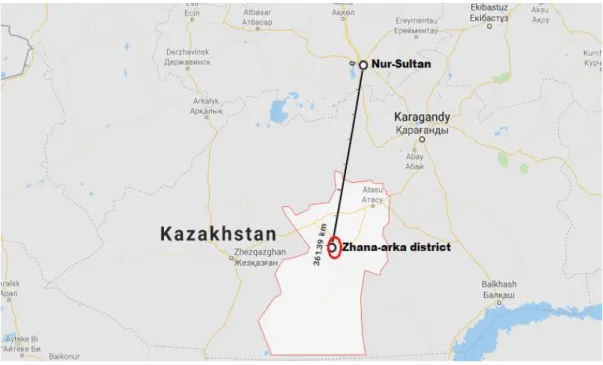 Figure  8.  Location  of  Zhana-arka  district  between  Karaganda  and  Zhezqazghan. 