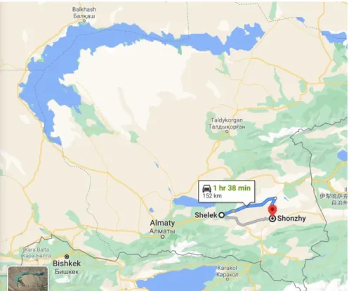 Figure 3. maps the distance from Shelek to Chundja in Almaty Oblast 