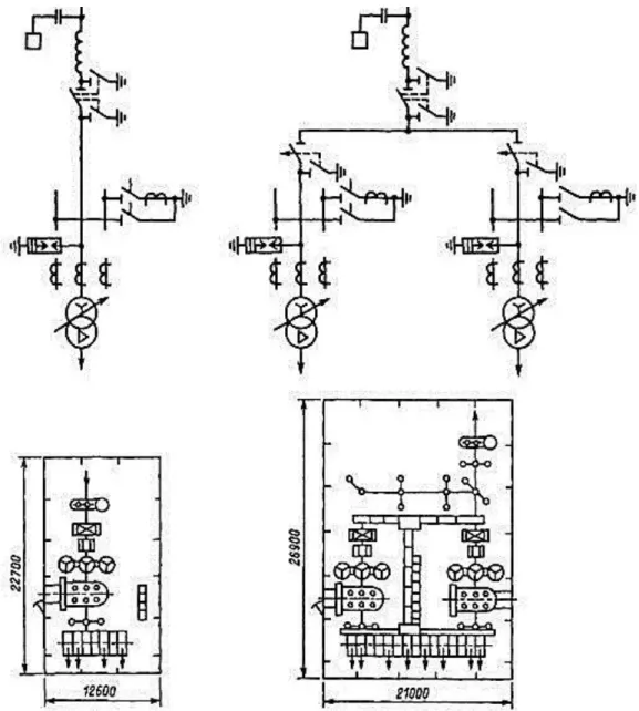 Figure 4.5 - Diagrams of dead-end transformer substations with a voltage of  35/10 kV of the line-transformer block and the enlarged line - two transformers with  a 35 kV separator in the transformer circuit