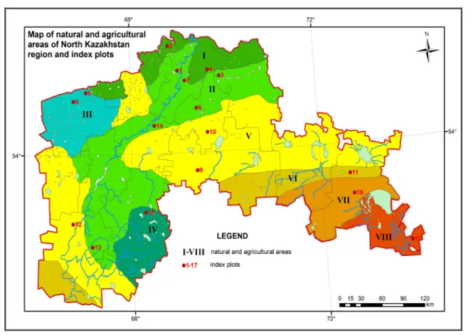 Fig. 1. Map of natural and agricultural areas of North Kazakhstan region and index plots 