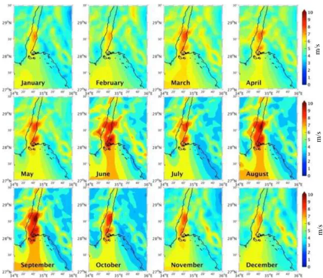 Figure 3.6 Monthly distribution of mean wind speed (m/s) using WRF simulations  (2001‒2015)
