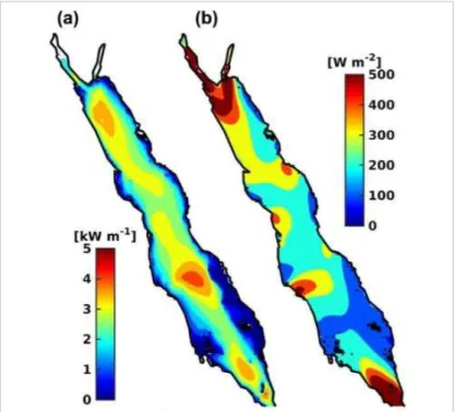 Figure 3.9 Annual mean power densities of (a) wind and (b) waves in the Red Sea [44]. 
