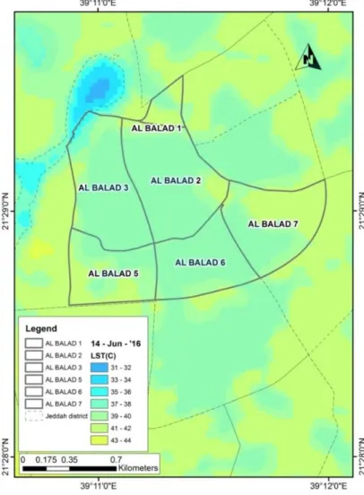 Figure 48 Shows that 59% of al-Balad area temperature range between 37 °C  to 38 °C, while 41% of area, temperature range between 39 °C to 42 °C, and it is a  high temperature that varies with the elevation,  land characteristics, vegetation and  others