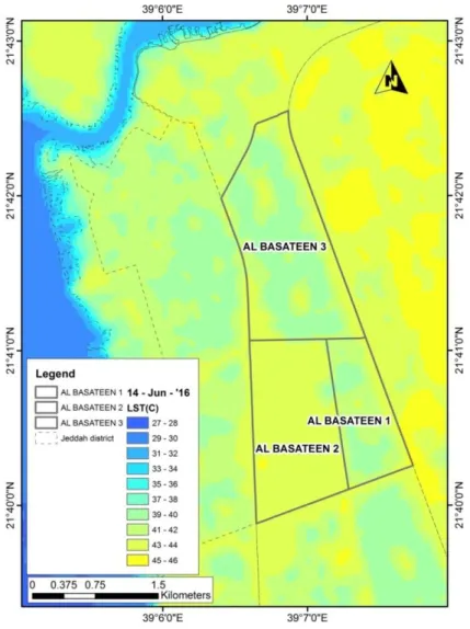 Figure 50 shows al- Basateen area that was divided into three areas, and shows  the  distribution  of  temperature  in  each  area,  and  the  shape  of  the  UHI  in  the   Al-Basateen1, 2 and 3