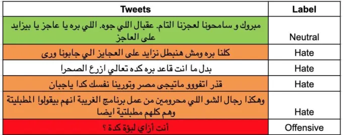 Figure  4.2:  Selected  examples  of  annotated  tweets  with  labels  from  Mubarak  et  al