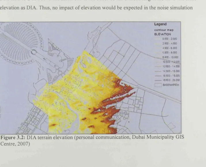 Figure 3.2:  DIA terrain elevation (personal communication, Dubai Municipality GIS  Centre, 2007) 