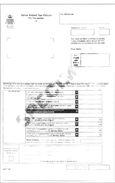 Fig. 6. Sample VAT form (VAT 100), courtesy controller of HMSO (Crown Copyright).