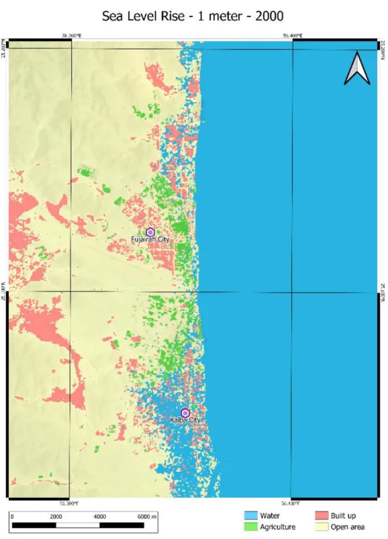 Figure 5: 1 m sea level rise scenario and its effect on the land  use of the Fujairah  -  Kalba coastline in the year 2000