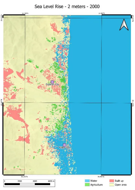 Figure 6: 2 m sea level rise scenario and its effect on the land use of the Fujairah  -  Kalba coastline in the year 2000