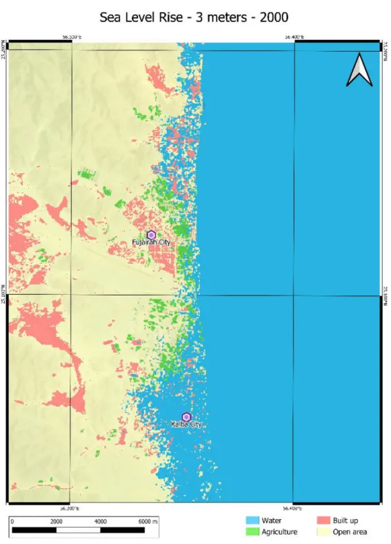 Figure 7: 3 m sea level rise scenario and its effect on the land use of the Fujairah  -  Kalba coastline in the year 2000