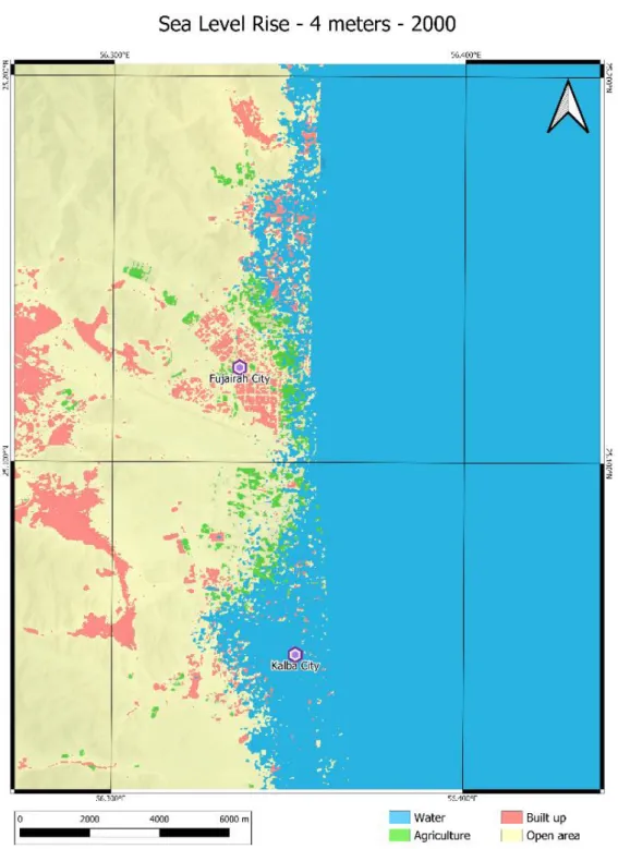 Figure 8: 4 m sea level rise scenario and its effect on the land use of the Fujairah  -  Kalba coastline in the year 2000