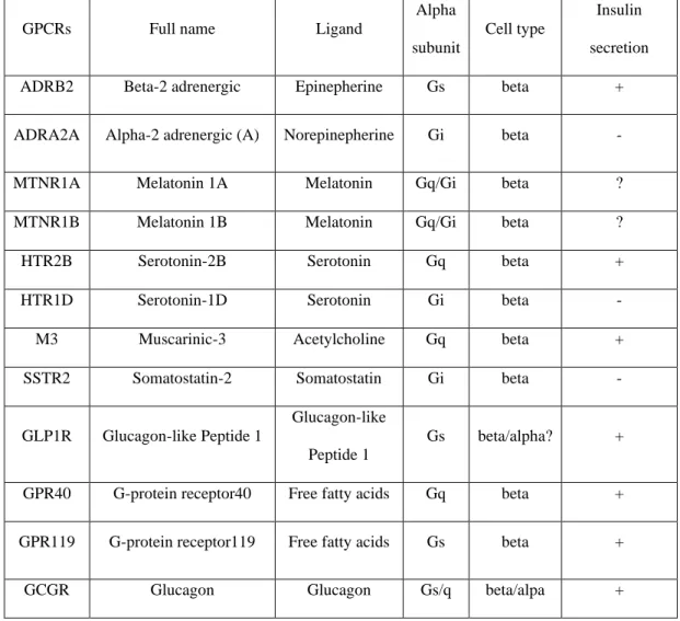 Table 2: Some of the GPCRs expressed by beta pancreatic cells which are known to  affect insulin production (Lavoie et al., 2020) 