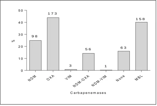 Figure 16: Distribution of carbapenem resistance mechanisms. Figures on top of the  columns represent the actual numbers of isolates 