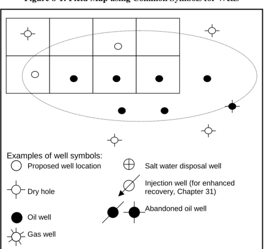Figure 8-1 below illustrates the use of well symbols for a rectangular 320- 320-acre lease having eight 40-320-acre drill sites, with three producing oil wells