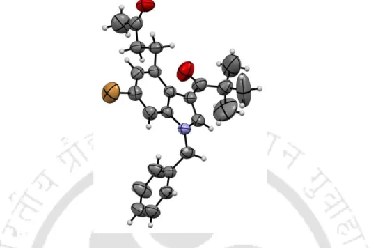 Figure 3. ORTEP diagram of methyl 4-(1-benzyl-6-bromo-3-pivaloyl-1H-indol-4-yl)butan-2-one  5d with 50% ellipsoid (CCDC 1959139)