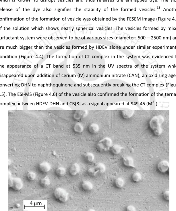 Figure 4.3 FESEM images of 0.75 mM (CTAB-HDEV-DHN-CB[8]) showing larger vesicles.