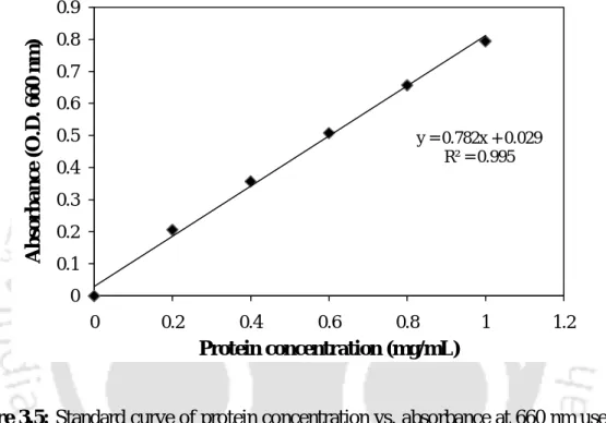 Figure 3.5: Standard curve of protein concentration vs. absorbance at 660 nm used in the  estimation of total protein content