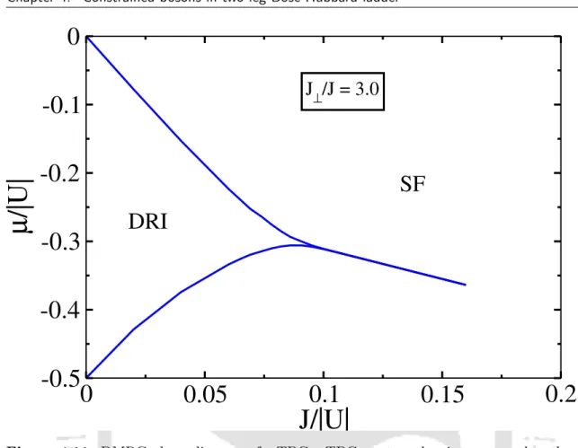 Figure 4.11: DMRG phase diagram of a TBCs+TBCs system showing a gapped-gapless transition from DRI phase to SF phase