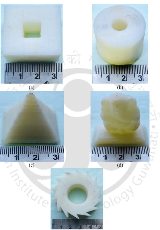Figure 3.15 Parts printed in FDM based 3D printer: (a) Part 1, (b) Part 2, (c) Part 3, (d)  Part 4, and (d) Part 5 (Least count of the scale shown is 1 mm) 