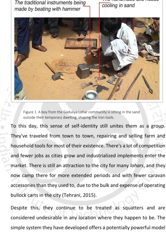 Figure 1. A boy from the Gaduliya Lohar community is sitting in the sand  outside their temporary dwelling, shaping the iron tools