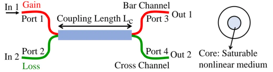 Figure 4.1: Schematic diagram of a P T -symmetric directional fiber coupler whose core is made up of a saturable nonlinear medium.