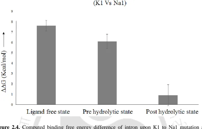 Figure  2.4.  Computed  binding  free  energy  difference  of  intron  upon  K1  to  Na1  mutation  at  different  stages  of  splicing