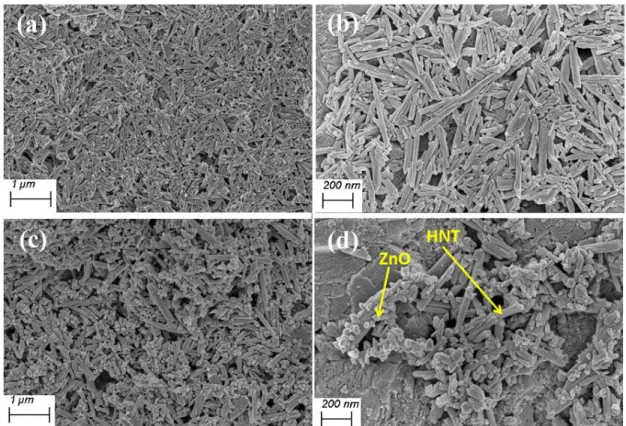 Fig. 4.2. FE-SEM images of (ab) HNT, and (cd) ZnO@HNT at magnification of 1 μm and  200 nm 