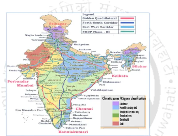 Figure 4.2 Map of selected road network in different climatic zones of India 