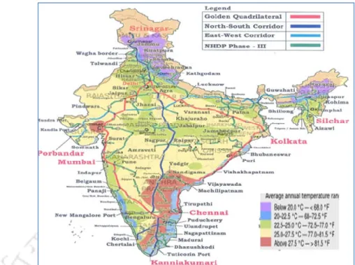 Figure 4.3 Map of selected road network in different temperature zones of  India  (Courtesy: Survey of India, New Delhi)