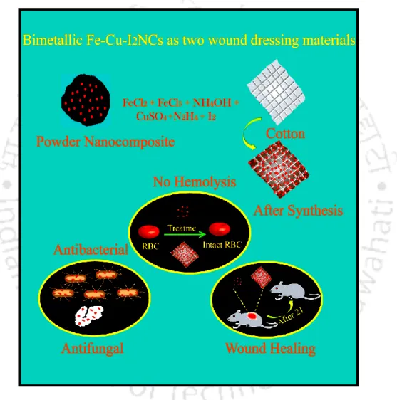 Figure  5.1.  Schematic  representation  of  synthesis  of  bimetallic  dressing  materials,  both  in  powder  form  and  as  obtained  through  in  situ  synthesis  on  cotton  swab  by  modified   co-precipitation and chemical reduction method, and thei