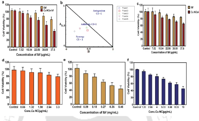Figure  2.6.  (a)  Cell  viability  based  on  MTT  assay  after  48  h  of  treatment  with  varying  concentrations of Ibf and BSA-CuNC−Ibf NPs in HeLa cells