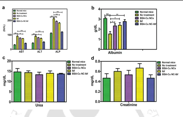 Figure  2.10.  Graphical  presentation  showing  effect  of  drug  treatment  on  biochemical  parameters  to  check  functioning  of  liver  and  kidney  where  (a)  represents  results  of  liver  enzymes,  (b)  albumin,  (c)  urea  and  (d)  results  of
