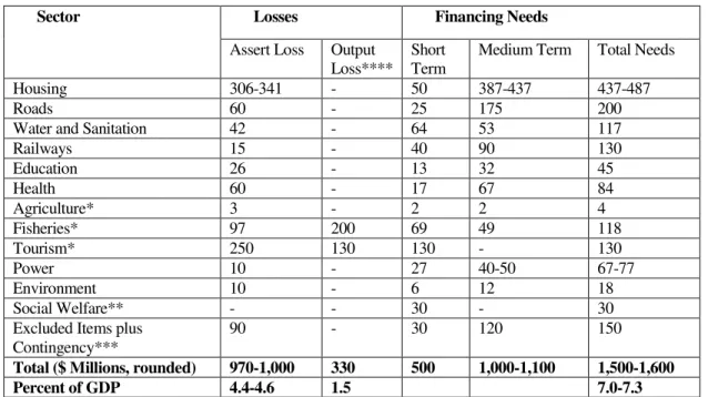 Table 1. Preliminary Estimates of Losses and Financing Needs 
