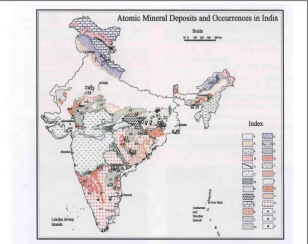 Fig. 8. - Geological map of India showing Atomic (Radioactive) Mineral Deposits* and important occurrences,  legend of Geology (I) and Deposits/occurrences of U (II), Th (III) and Rare Metal-Rare Earths (IV)
