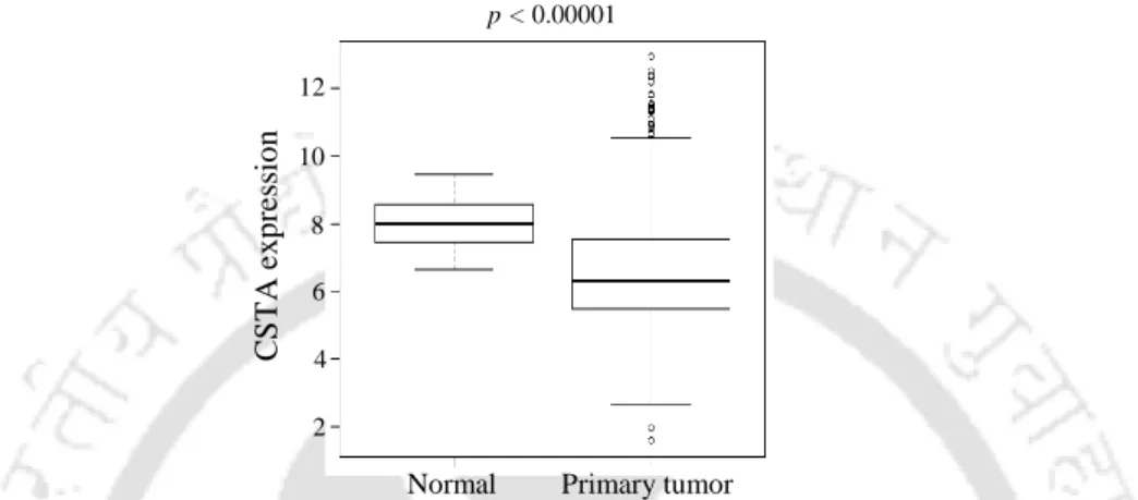 Figure 4.3. Expression of CSTA mRNA in normal breast tissues and breast tumors. Box plots showing  the distribution of CSTA mRNA expression in normal breast tissues and breast tumors