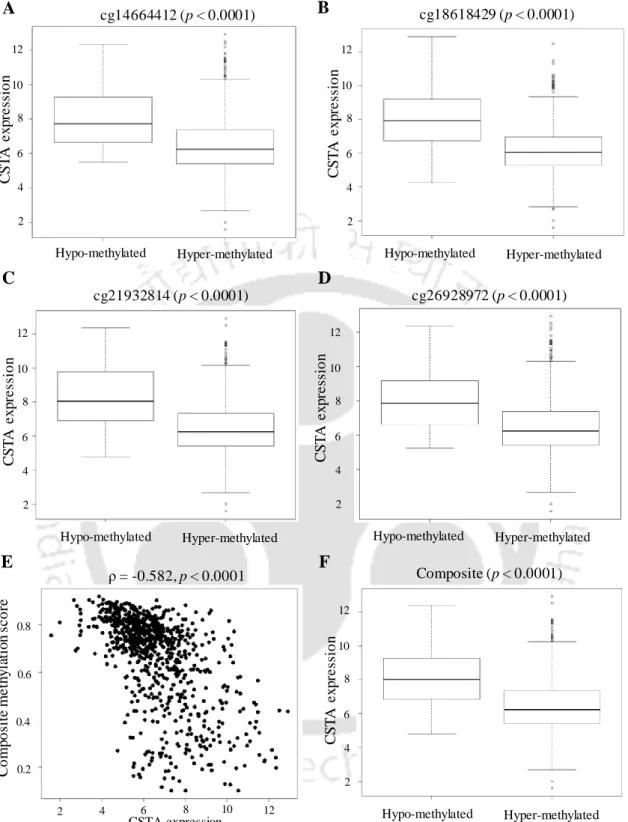 Figure 6.4. Inverse correlation between CpG methylation and CSTA expression in breast tumors of the  TCGA cohort