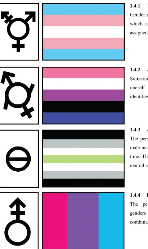 Figure 2. From top to bottom: Symbols and Flags of Transgender, Agender,  Androgyne and Bigender communities
