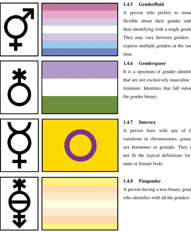 Figure 3. From top to bottom: Symbols and Flags: Genderfluid, Genderqueer,  Intersex and Pangender 